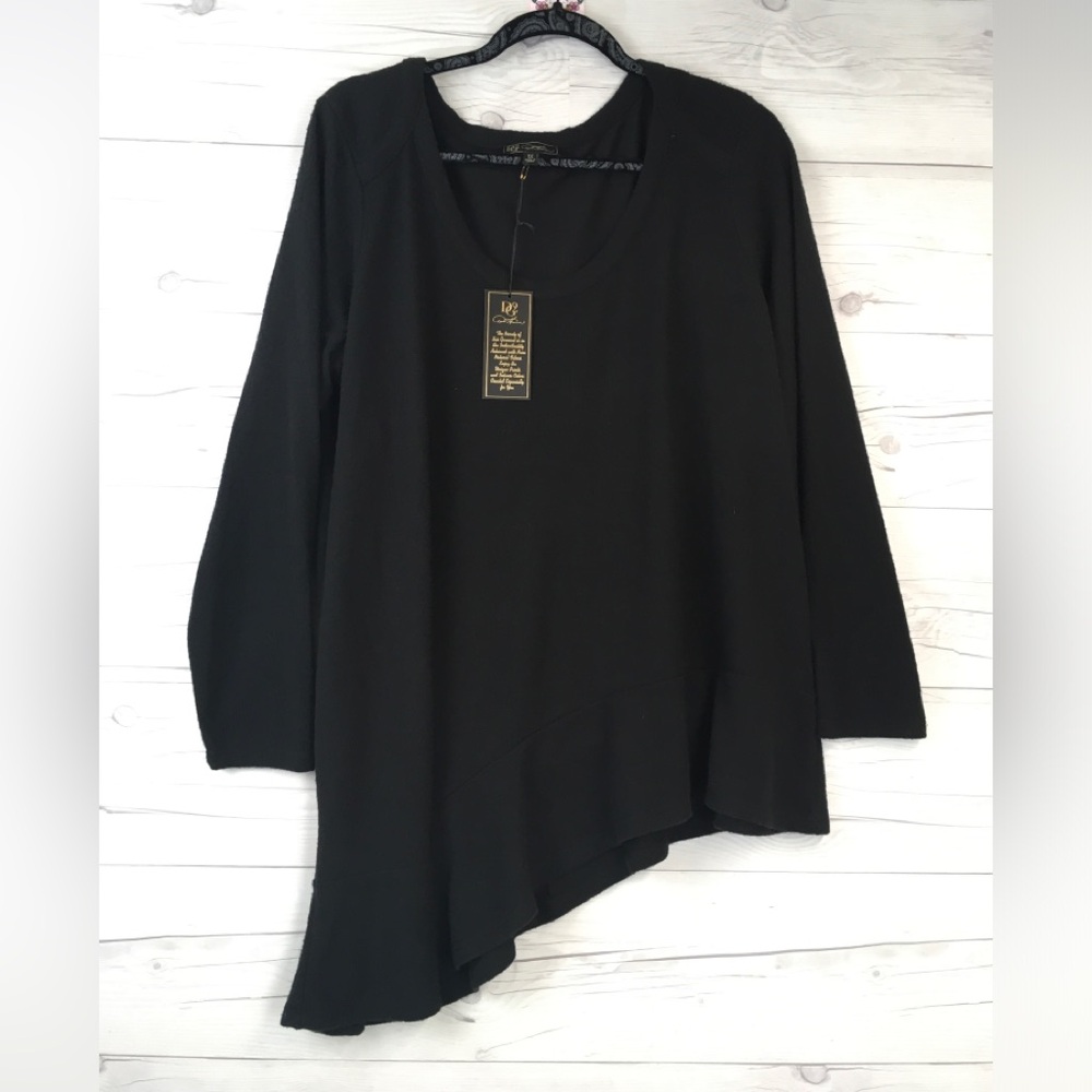 DG2 by Diane Gilman Brushed Knit Asymmetric Peplum Top Black - 1X